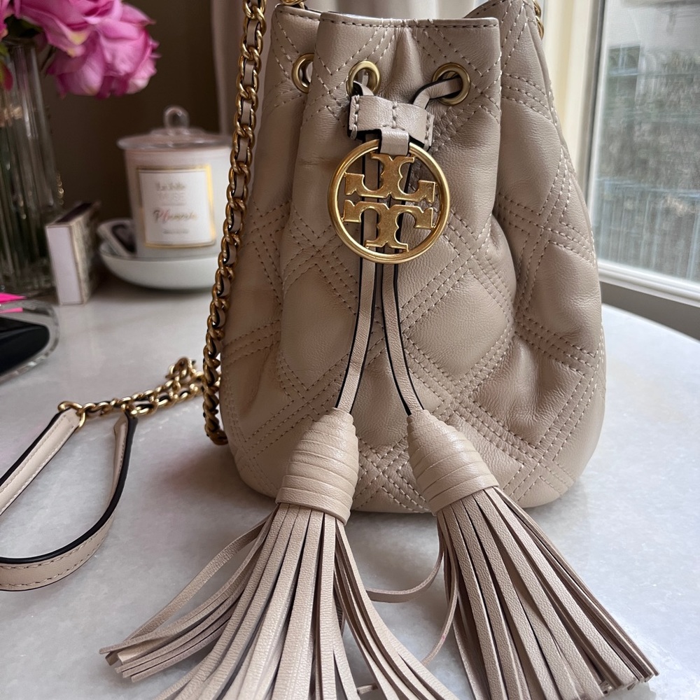 Tory Burch New Cream With Soft Fleming Mini Bucket Bag.